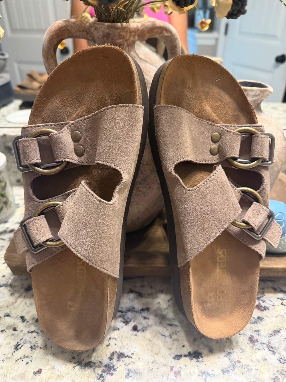 White Mountain Footbeds. Suede Double-Buckle Slide Sandals - Taupe